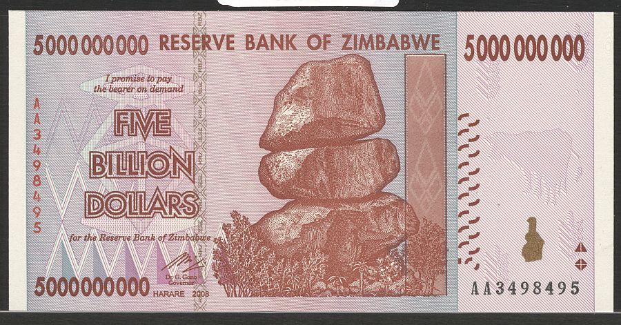 2008 Reserve Bank of Zimbabwe $5,000,000,000 Note (Five Billion Dollars), GemCU